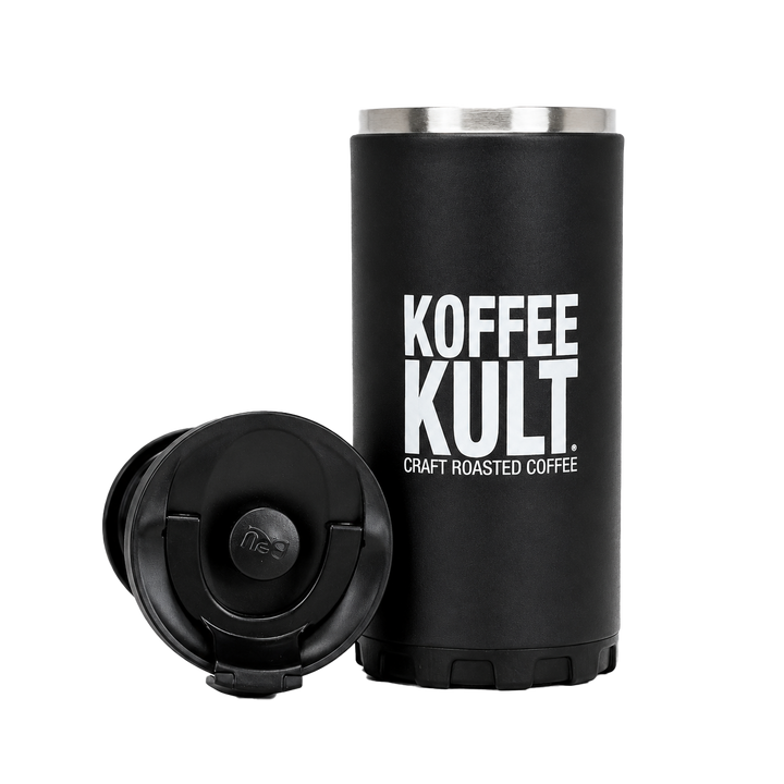 A black insulated coffee cup with a stainless steel rim, featuring the white text 'KOFFEE KULT' and 'CRAFT ROASTED COFFEE' on the side. A separate black lid is placed in front of the cup on a clean white background.