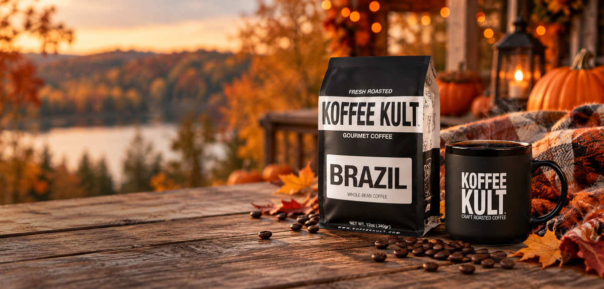 Brazil coffee and koffee kult mug on wood table in fall setting