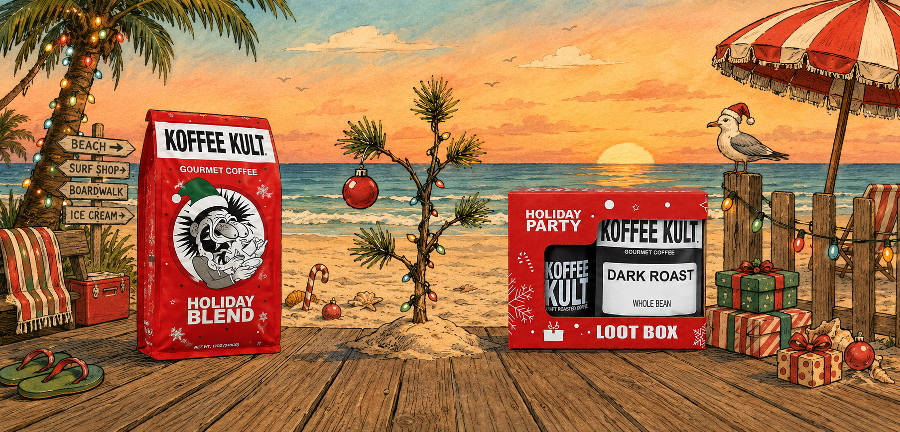 A festive beach-themed promotional scene showing two red Koffee Kult coffee packages on a wooden deck by the ocean at sunset: a large Holiday Blend bag and a smaller Holiday Party Loot Box. Palm trees, an umbrella, gifts, and a seagull are visible in the background.