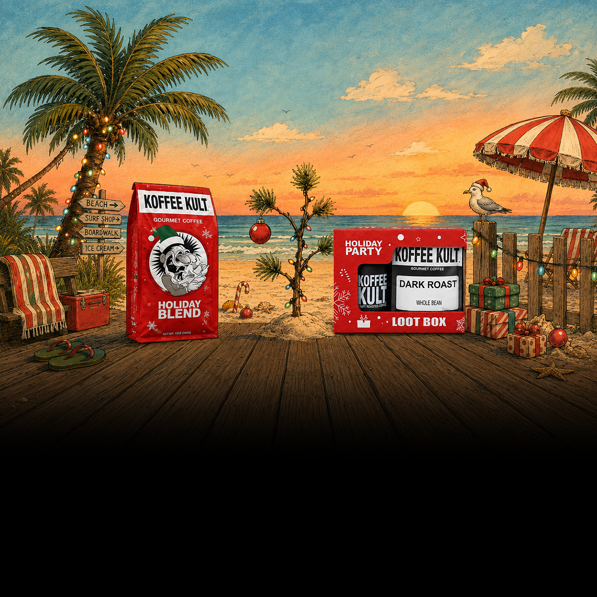 Two red coffee gift boxes on a wooden deck with a tropical beach scene in the background. The left box is labeled 'KOFFEE KULT HOLIDAY BLEND' and the right box is labeled 'KOFFEE KULT HOLIDAY PARTY COFFEE KULT DARK ROAST LOOT BOX'.