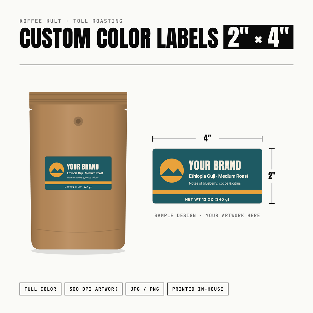 Custom color labels for coffee packaging shown on a stand-up pouch and as a flat sample design. The image includes text reading 'CUSTOM COLOR LABELS 2" x 4"' and dimensions for the label size, with placeholder branding and artwork areas.