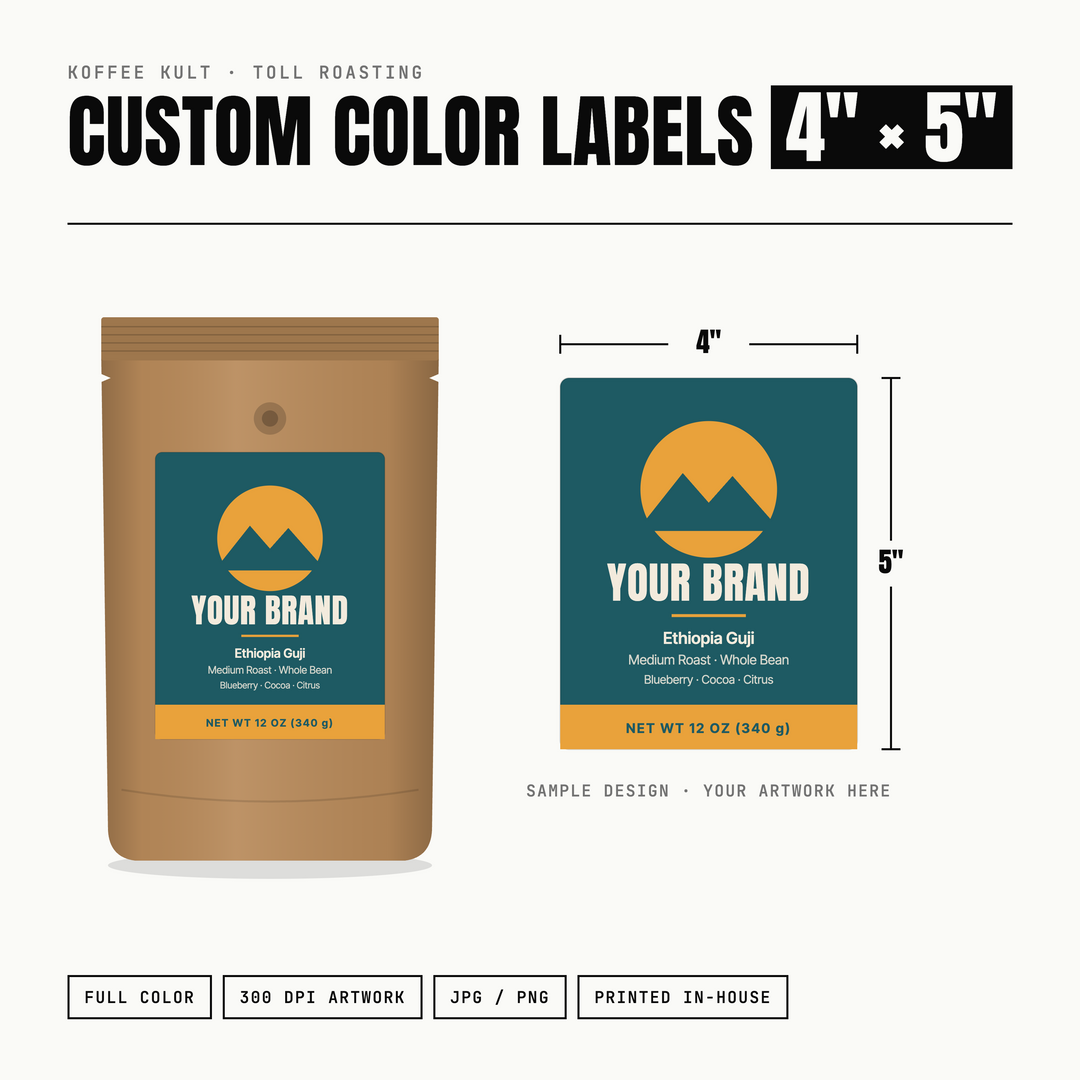 Custom color labels for coffee pouches, showing a kraft brown stand-up pouch with a teal and yellow sample label and a flat label design preview. Text reads 'CUSTOM COLOR LABELS 4" x 5"' with dimensions and sample branding.