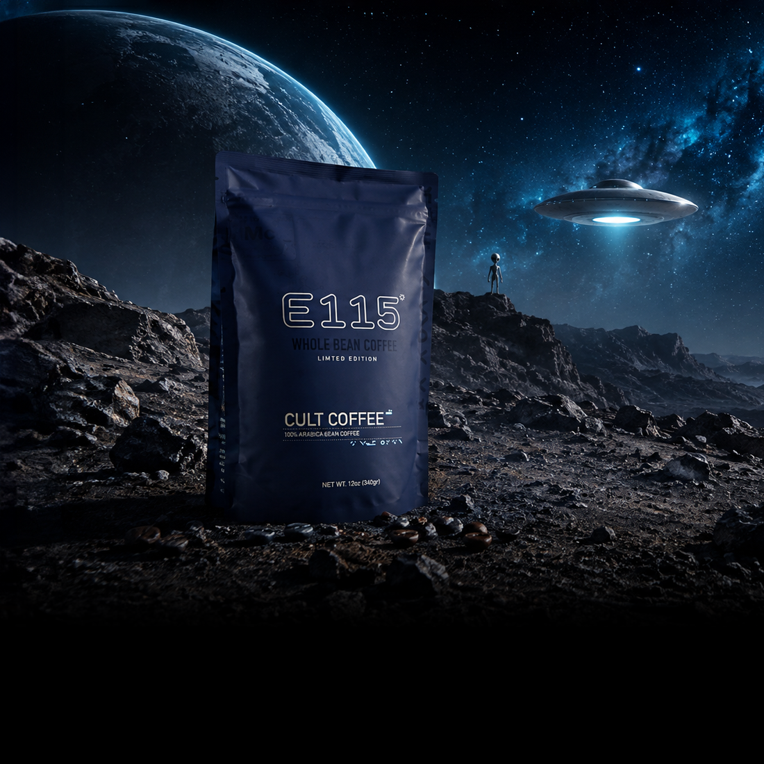 A dark blue bag of Cult Coffee E115 stands on a rocky, alien-like landscape under a starry night sky with a glowing UFO and a planet in the background.