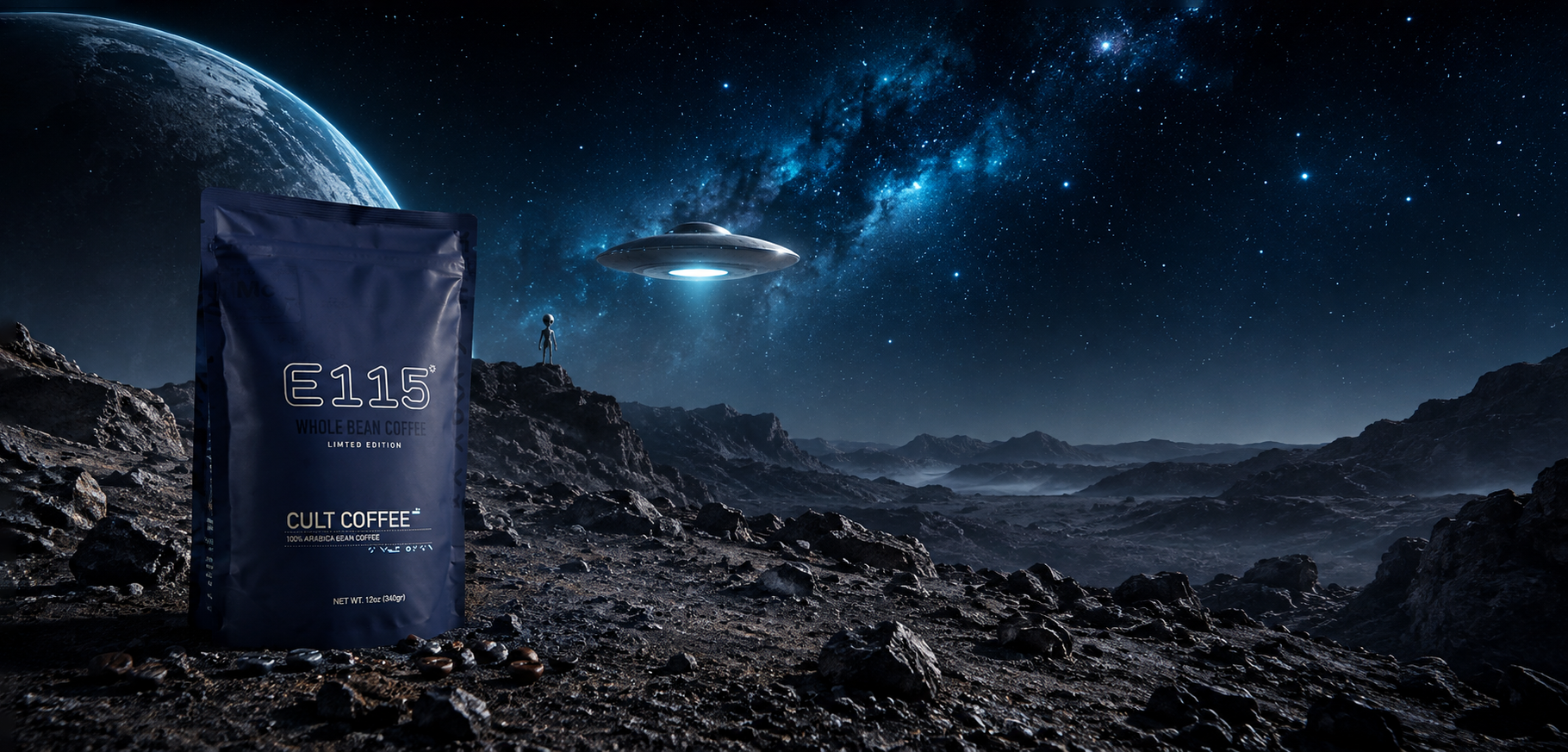 A dark blue bag of Cult Coffee E115 stands on a rocky, alien-like landscape under a starry night sky with a glowing UFO and a planet in the background.