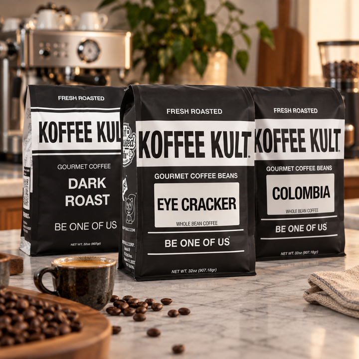Three bags of Koffee Kult gourmet coffee beans arranged on a marble countertop in a kitchen setting, with coffee beans, a cup of coffee, and coffee equipment in the background.