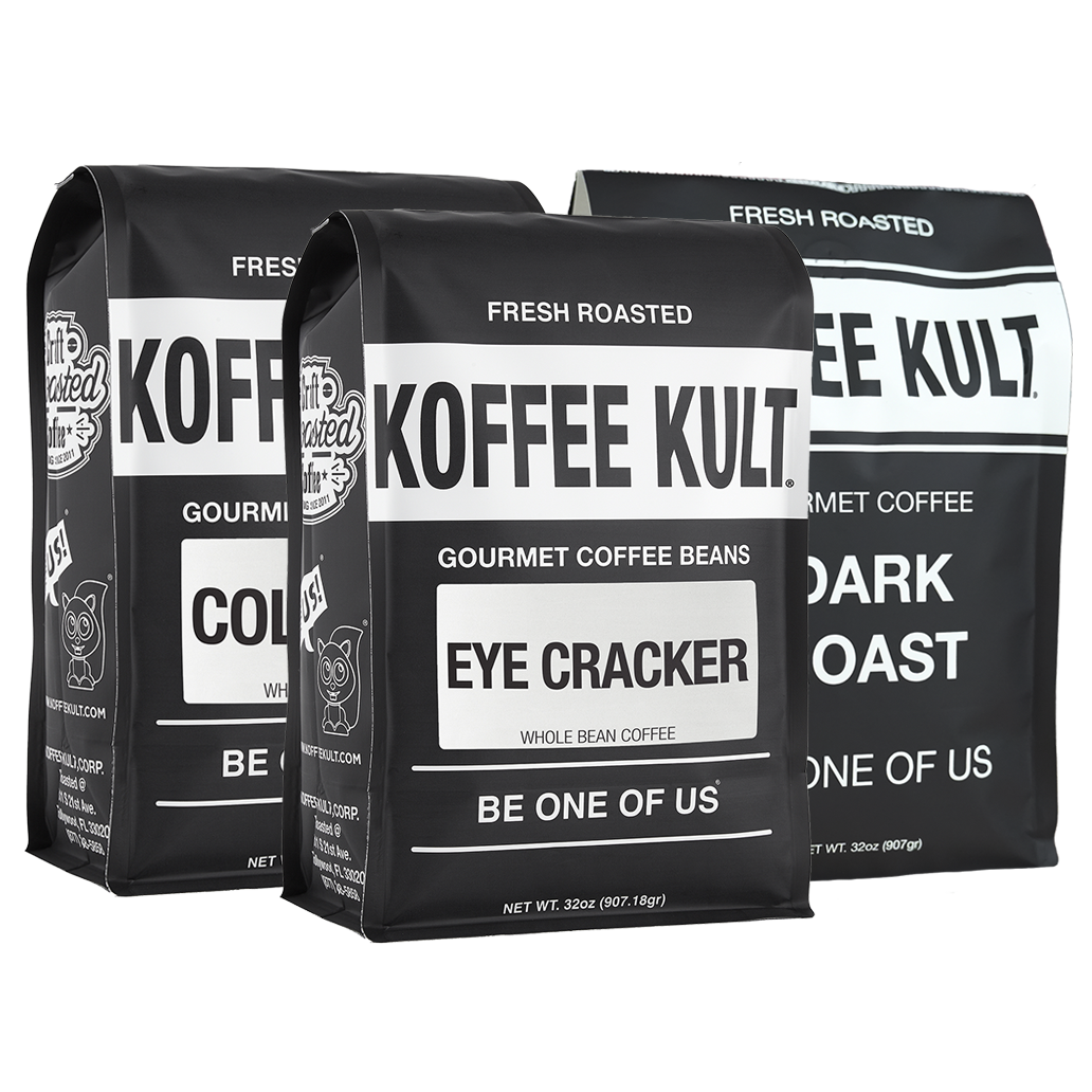 Three black coffee bags from Koffee Kult arranged together on a white background, with the center bag labeled Eye Cracker and the side bags partially visible behind it.
