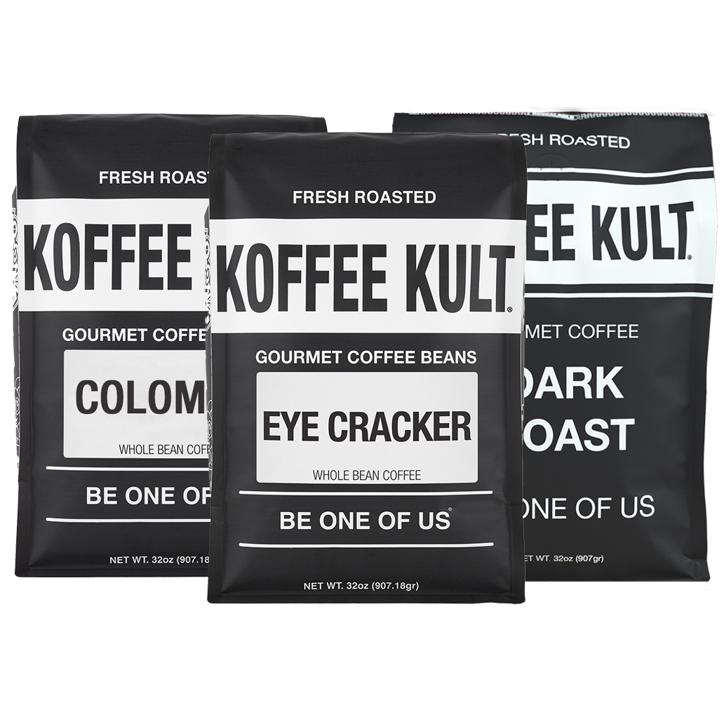 Three black coffee bags from Koffee Kult arranged together on a white background, featuring Colombian, Eye Cracker, and Dark Roast varieties.