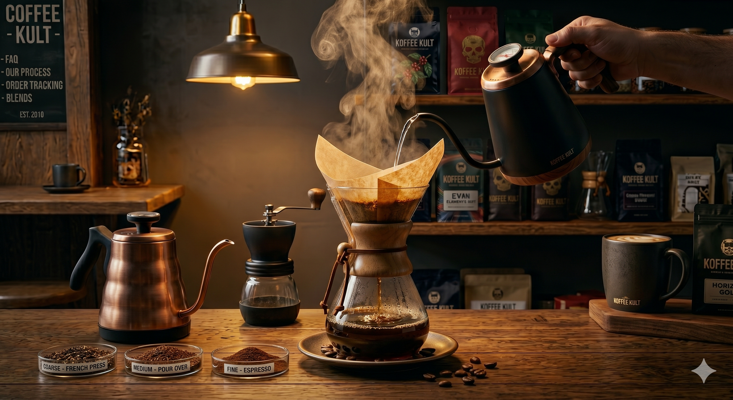 Person making coffee using a pour-over method with various coffee-making equipment and ingredients on a wooden table.