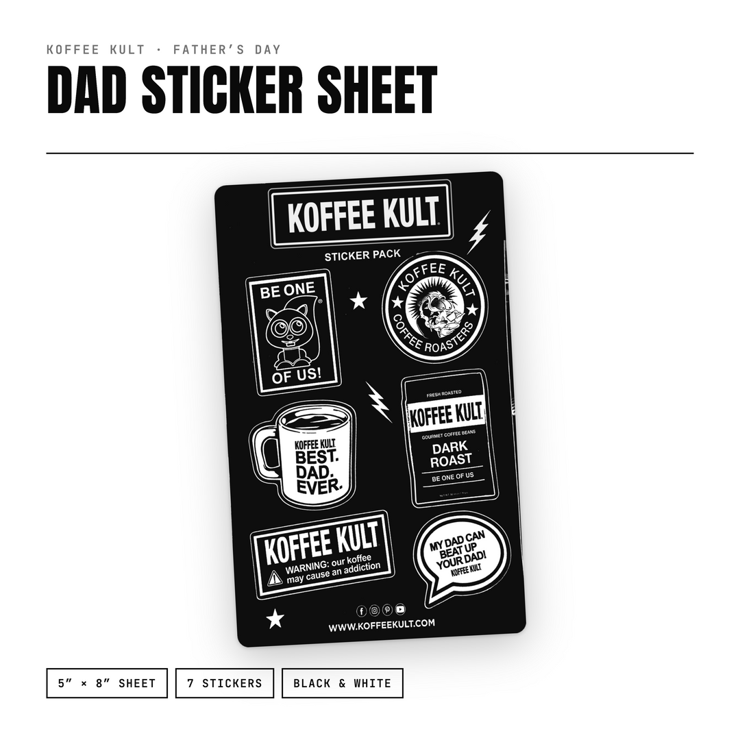 A black sticker sheet featuring white coffee-themed stickers and text, including 'KOFFEE KULT', 'BE ONE OF US!', 'COFFEE IS THE BEST DAD EVER.', and 'DARK ROAST'.