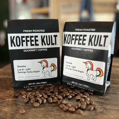 two geisha coffee bags with beans