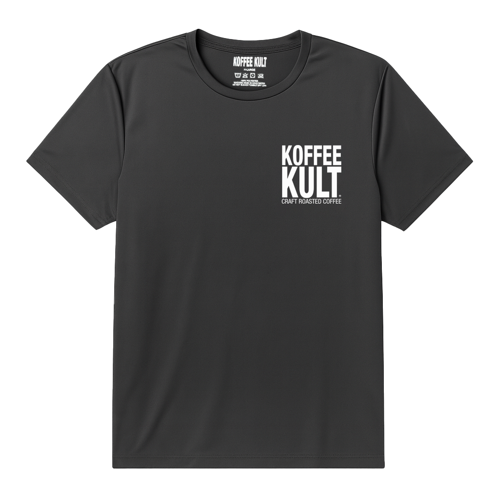 Black t-shirt with 'Koffee Kult' logo on a white background