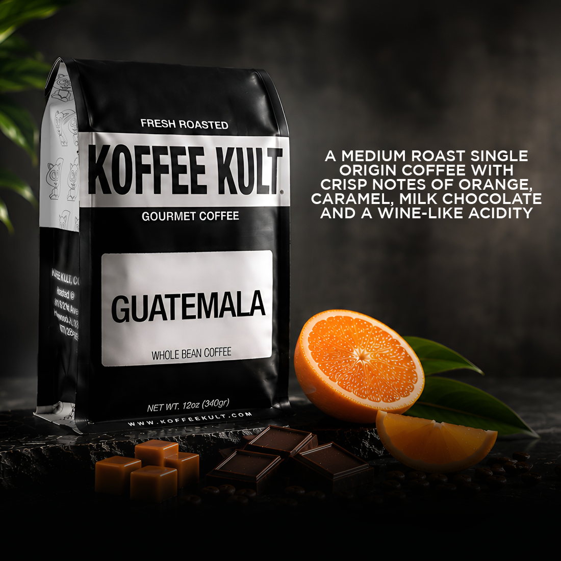 Koffee Kult Guatemala coffee bag with oranges and chocolate on a dark background