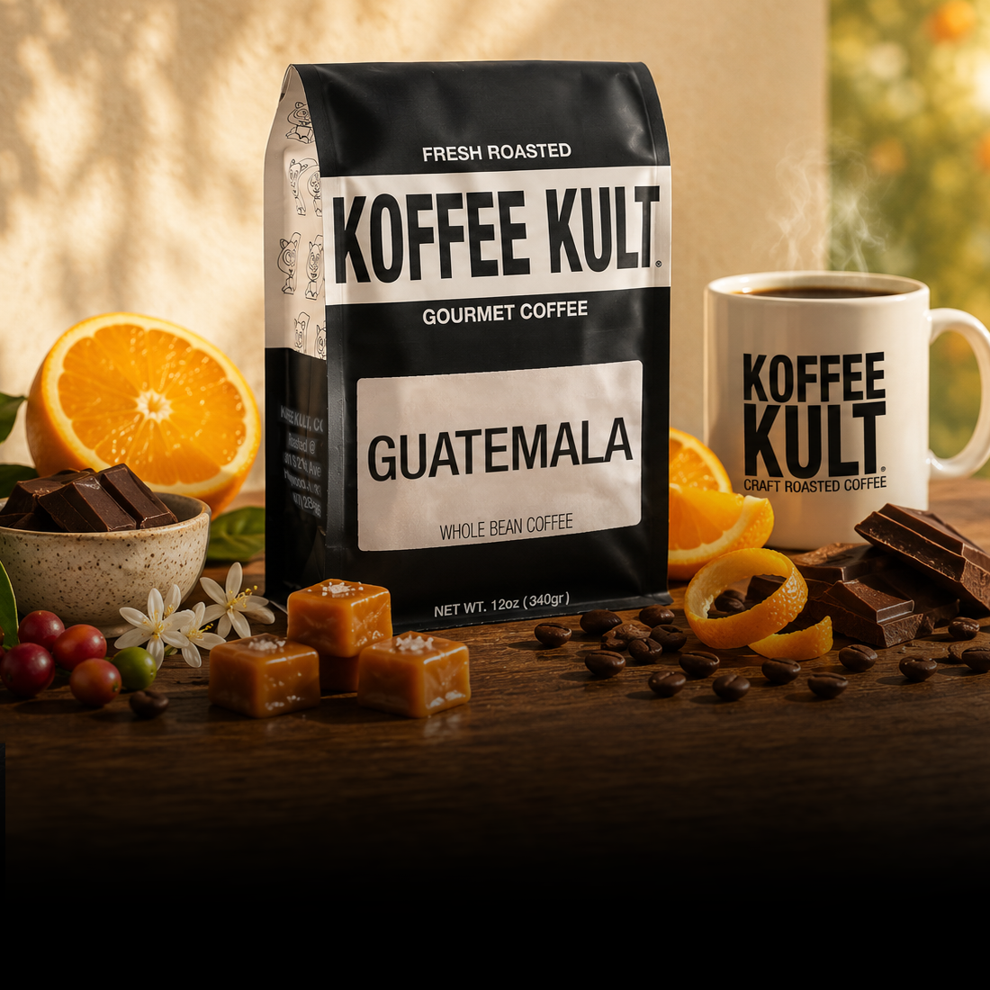 Guatemala Coffee Bag on Table with Mug Mobile Hero