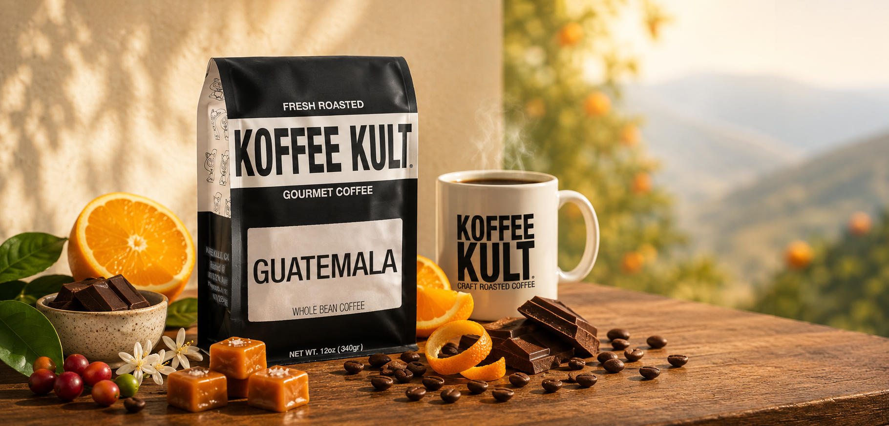 A bag of Koffee Kult Guatemala whole bean coffee stands on a wooden table beside a matching coffee mug, with coffee beans, chocolate pieces, orange slices, and fruit arranged around them. A blurred outdoor orchard and mountains appear in the background.