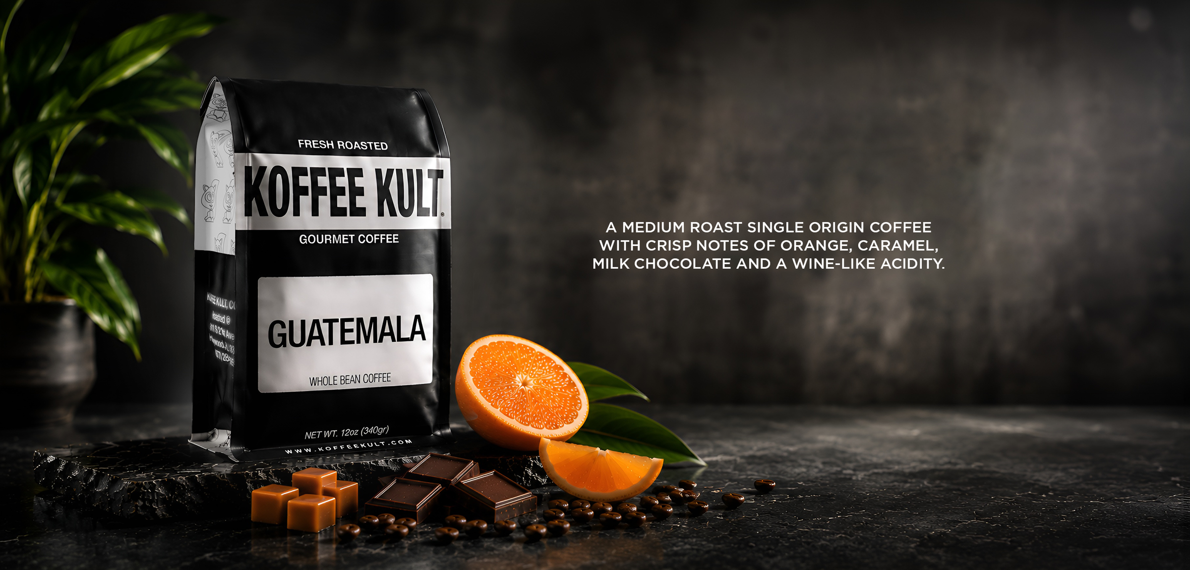 Koffee Kult Guatemala coffee bag with oranges and chocolate on a dark background