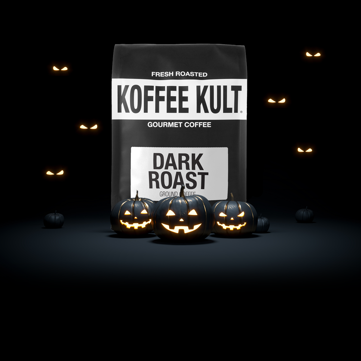 Koffee Kult Dark Roast coffee bag with Halloween pumpkins on a dark background