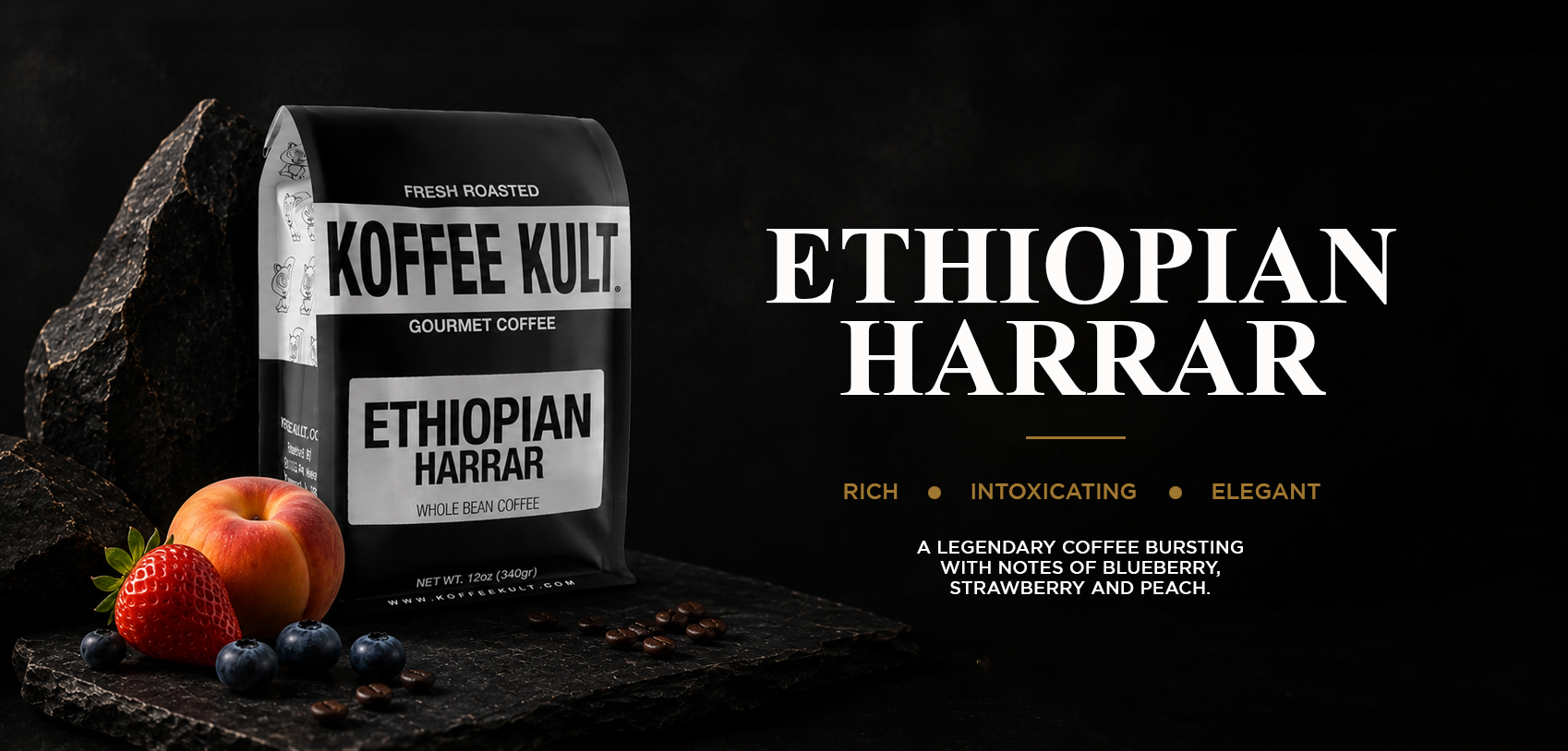 Koffee Kult Ethiopian Harrar coffee bag with fruit and rock on a dark background