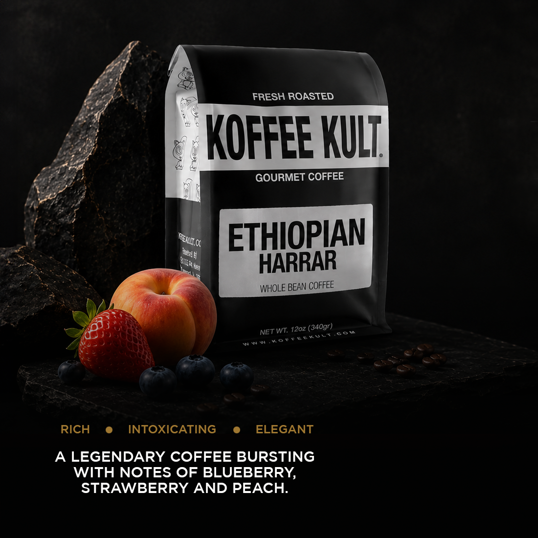 Koffee Kult Ethiopian Harrar coffee bag with fruits on a dark background