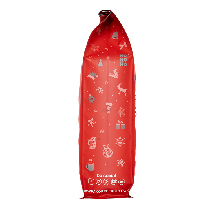 Red coffee bag with Christmas-themed designs and social media icons on a white background