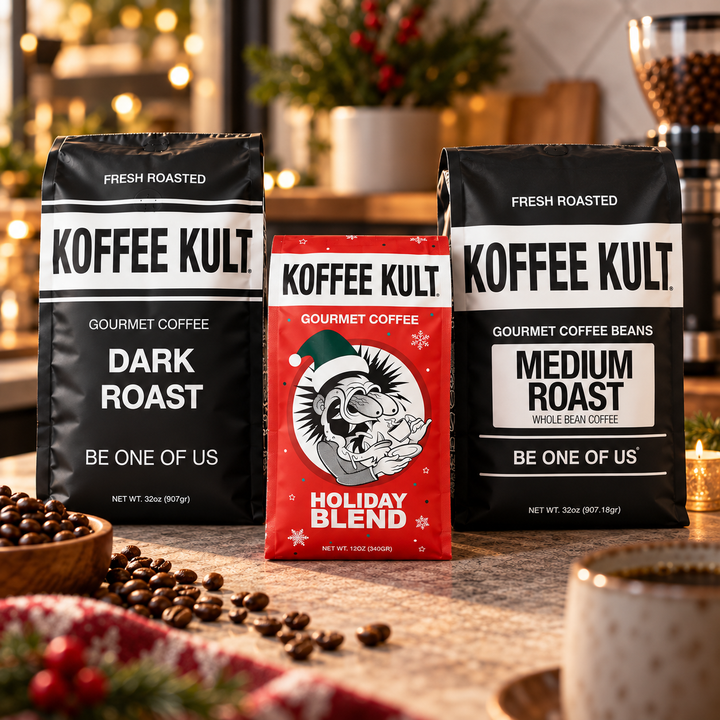 Three bags of Koffee Kult gourmet coffee beans arranged on a countertop in a warm, festive indoor setting. The bags are black with white text, with one bag in the center featuring a bright red holiday-themed package labeled 'Holiday Blend' with a cartoon skull wearing a Santa hat.