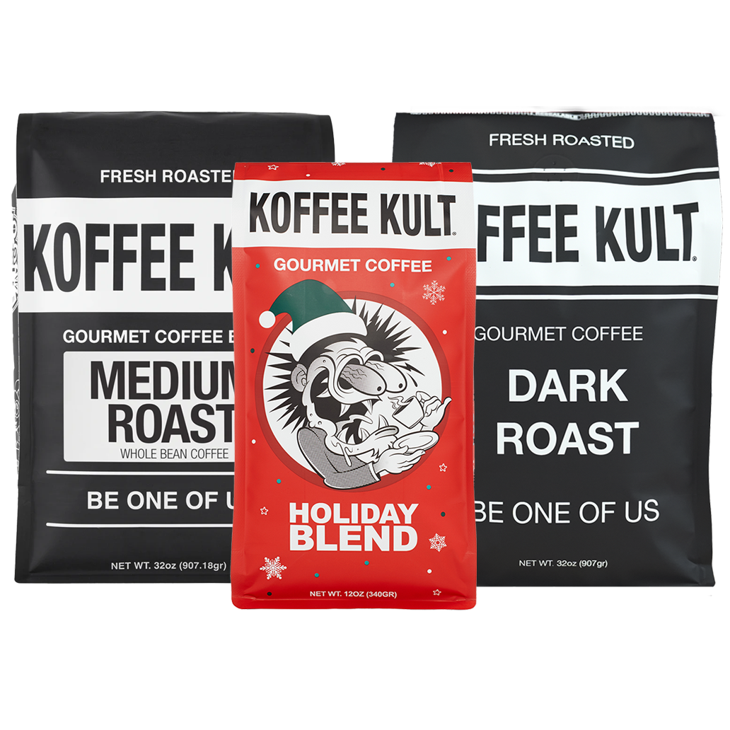 Three bags of Koffee Kult Gourmet Coffee are displayed against a white background: a red 'Holiday Blend' bag in the center, flanked by two black bags labeled 'Medium Roast' and 'Dark Roast'.