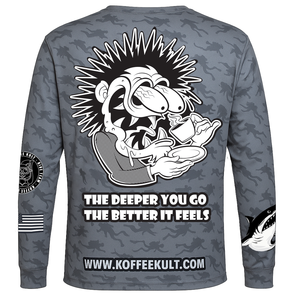 Gray camouflage long-sleeve shirt with graphic design and text on the back