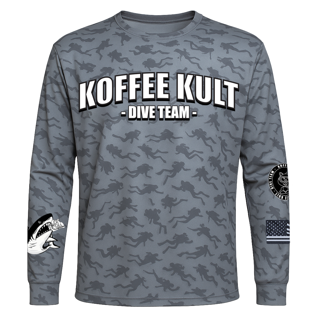 Gray camouflage long-sleeve shirt with 'Koffee Kult Dive Team' text on a white background