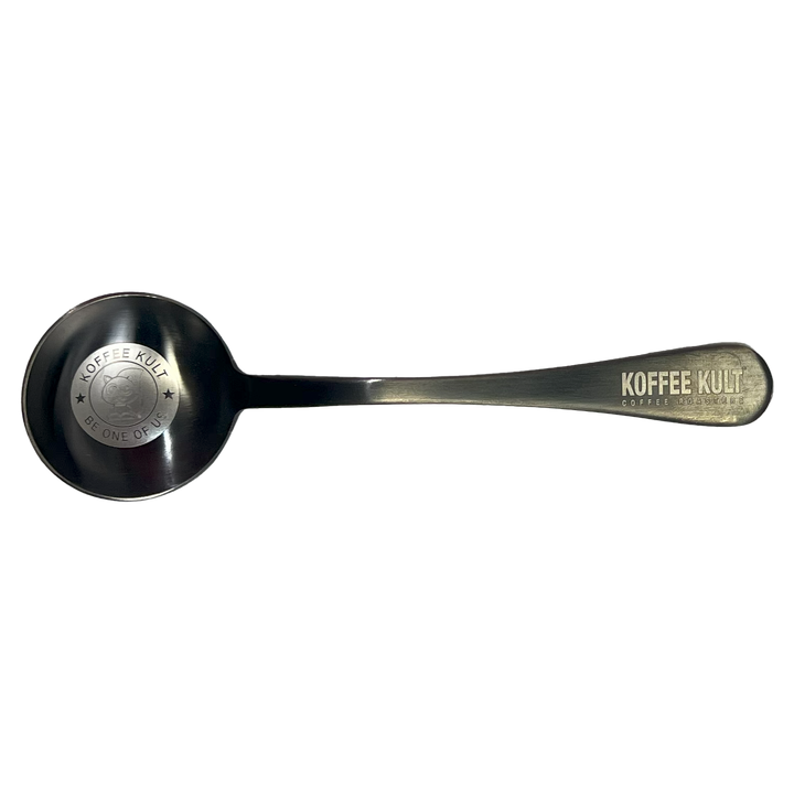 Stainless steel spoon with 'Koffee Kult' branding on a white background