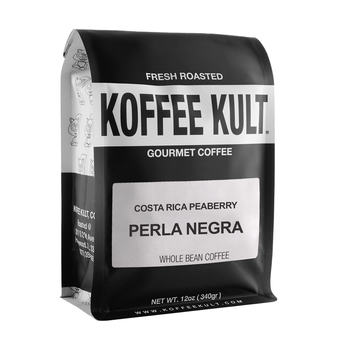 A 12 oz bag of Koffee Kult Gourmet Coffee, Costa Rica Peberry Perla Negra whole bean coffee, shown on a clean white background.