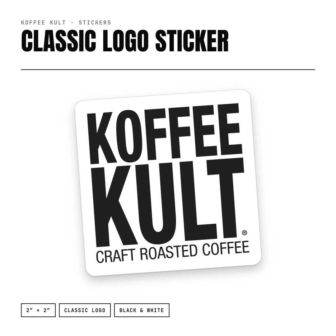 A square white sticker with rounded corners featuring the black Koffee Kult logo and the text 'Craft Roasted Coffee,' shown on a white background with product text above and size/color labels below.
