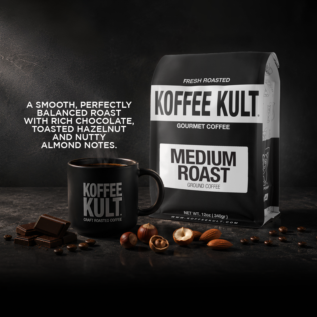 Medium Roast mobile hero showcasing bag and flavor notes on table