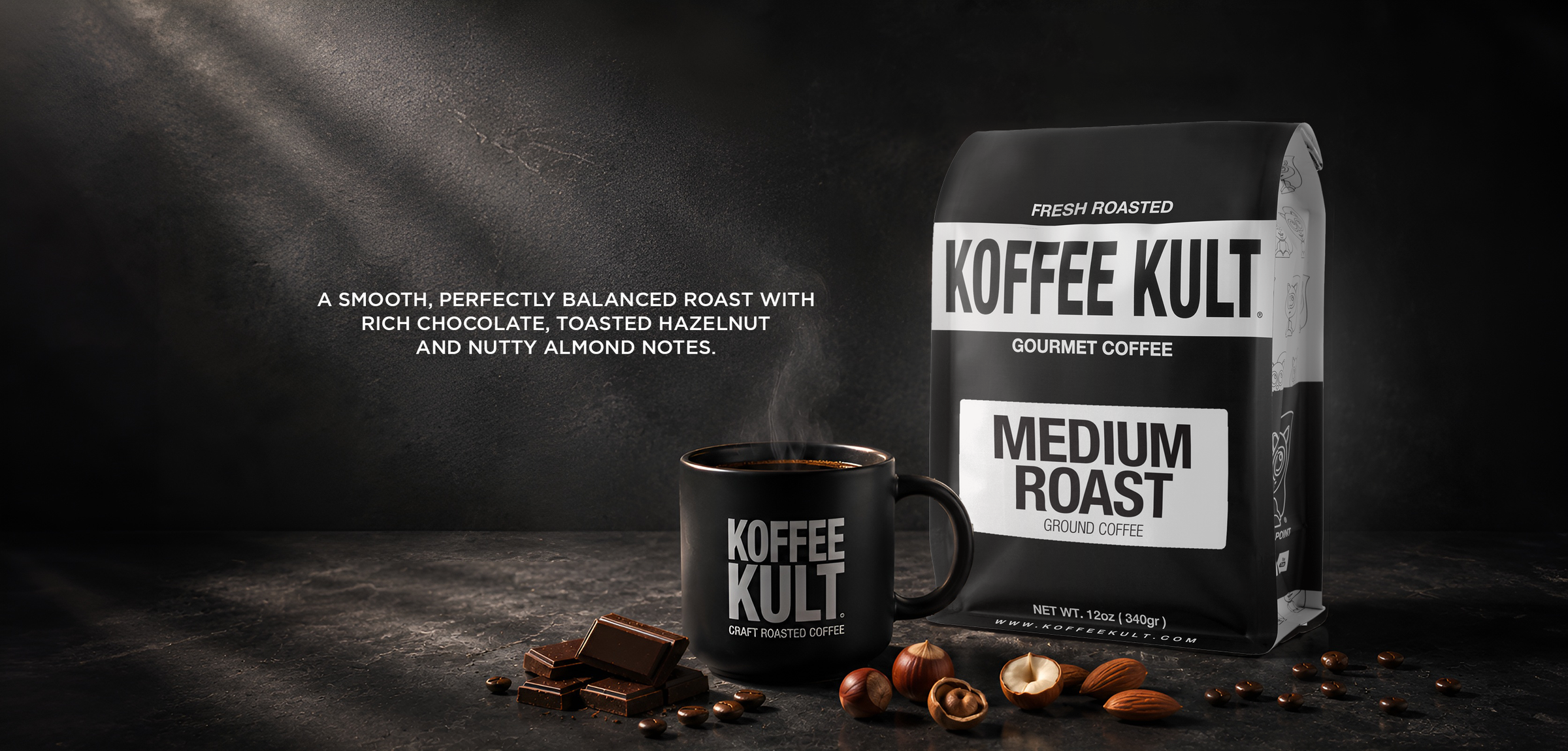 Koffee Kult coffee bag and mug with chocolate and hazelnuts on a dark background