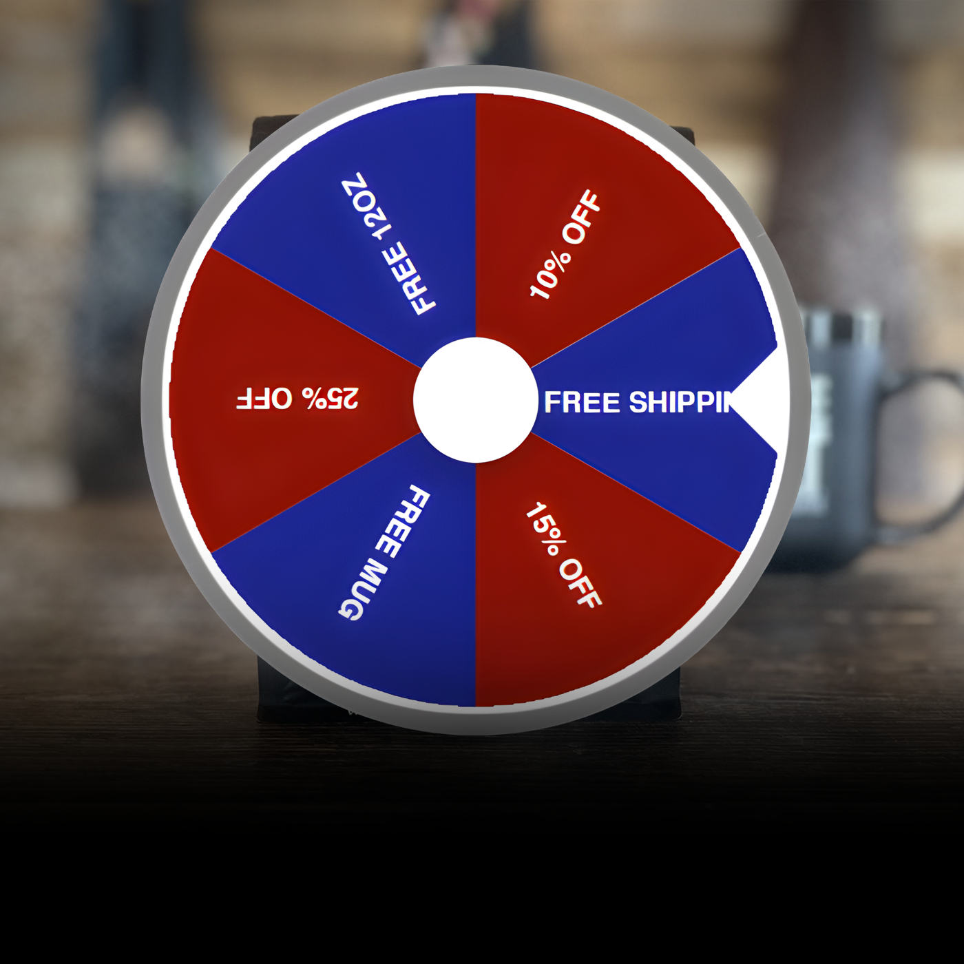 Wheel of fortune with promotional offers on a wooden surface