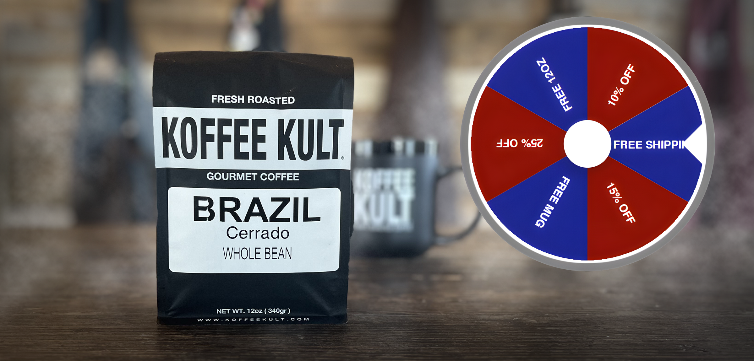 Koffee Kult coffee package with a promotional wheel on a wooden surface