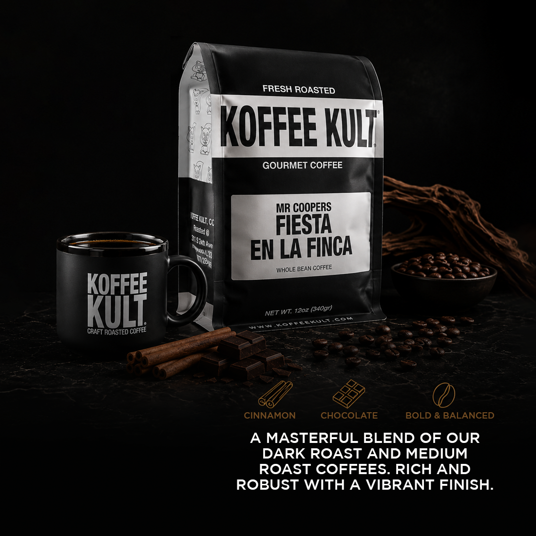 Koffee Kult coffee bag and mug with coffee beans and cinnamon sticks on a dark background