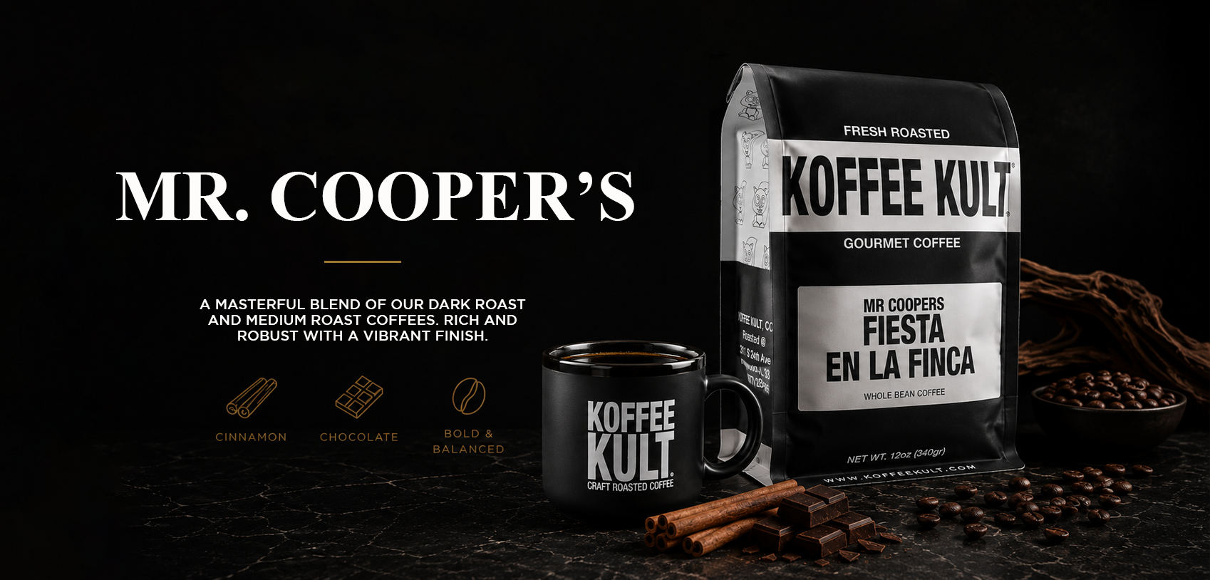 Koffee Kult coffee bag and mug on a dark background