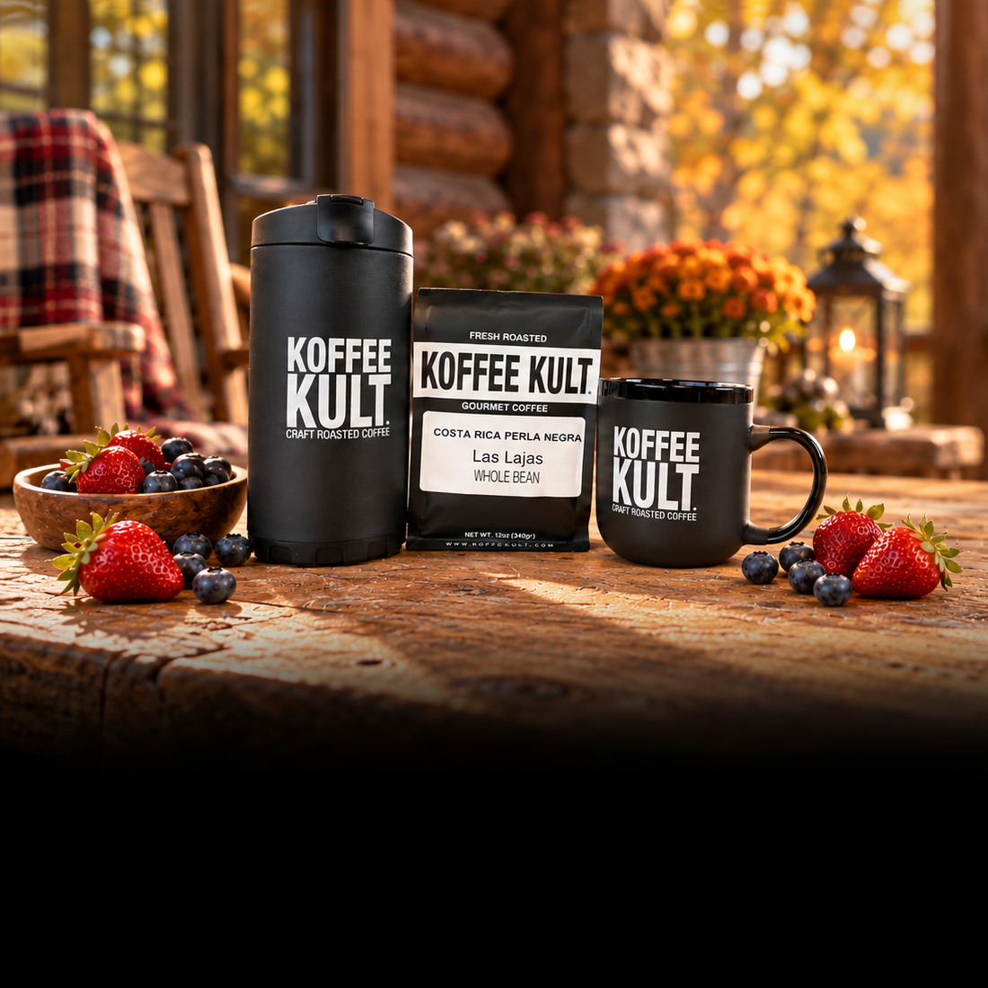 Three Koffee Kult coffee-themed products arranged on a rustic wooden table in a cabin setting: a tall black insulated tumbler, a black coffee bag package, and a black mug. Strawberries and blueberries are placed around them, with autumn foliage and a lantern blurred in the background.