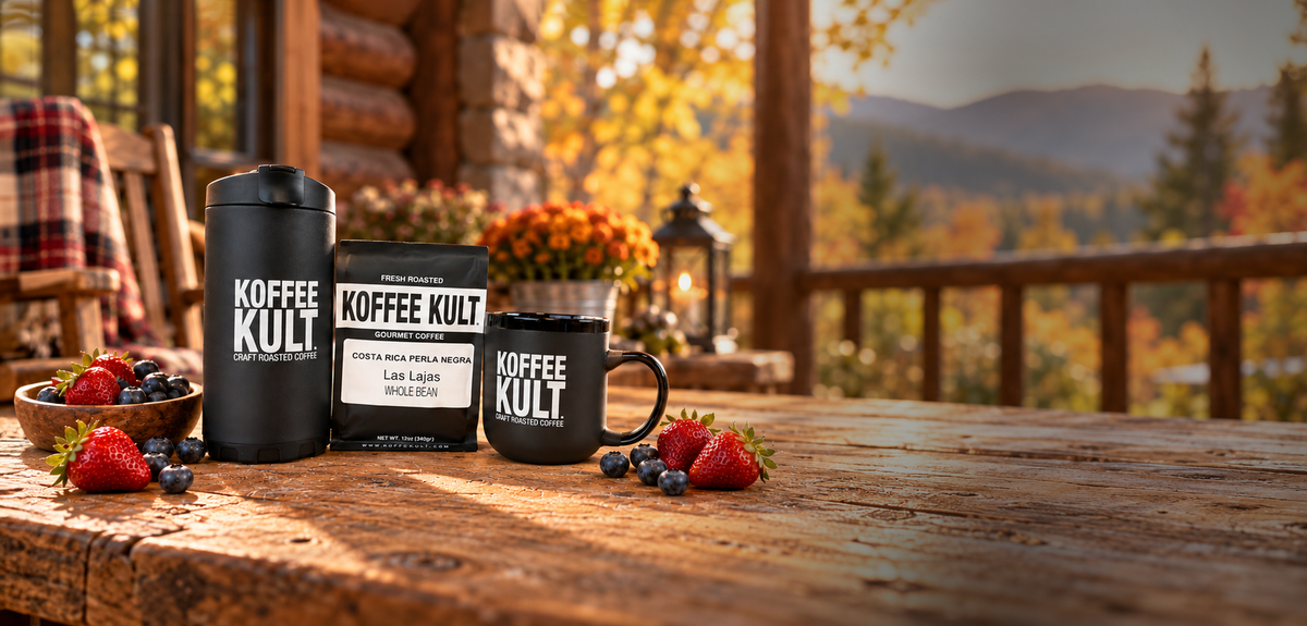 Three Koffee Kult branded coffee items displayed on a rustic wooden porch table: a tall black tumbler, a black coffee bag package, and a black mug, with strawberries and blueberries placed around them. The background shows a cozy log cabin porch with autumn trees and mountains in soft focus.