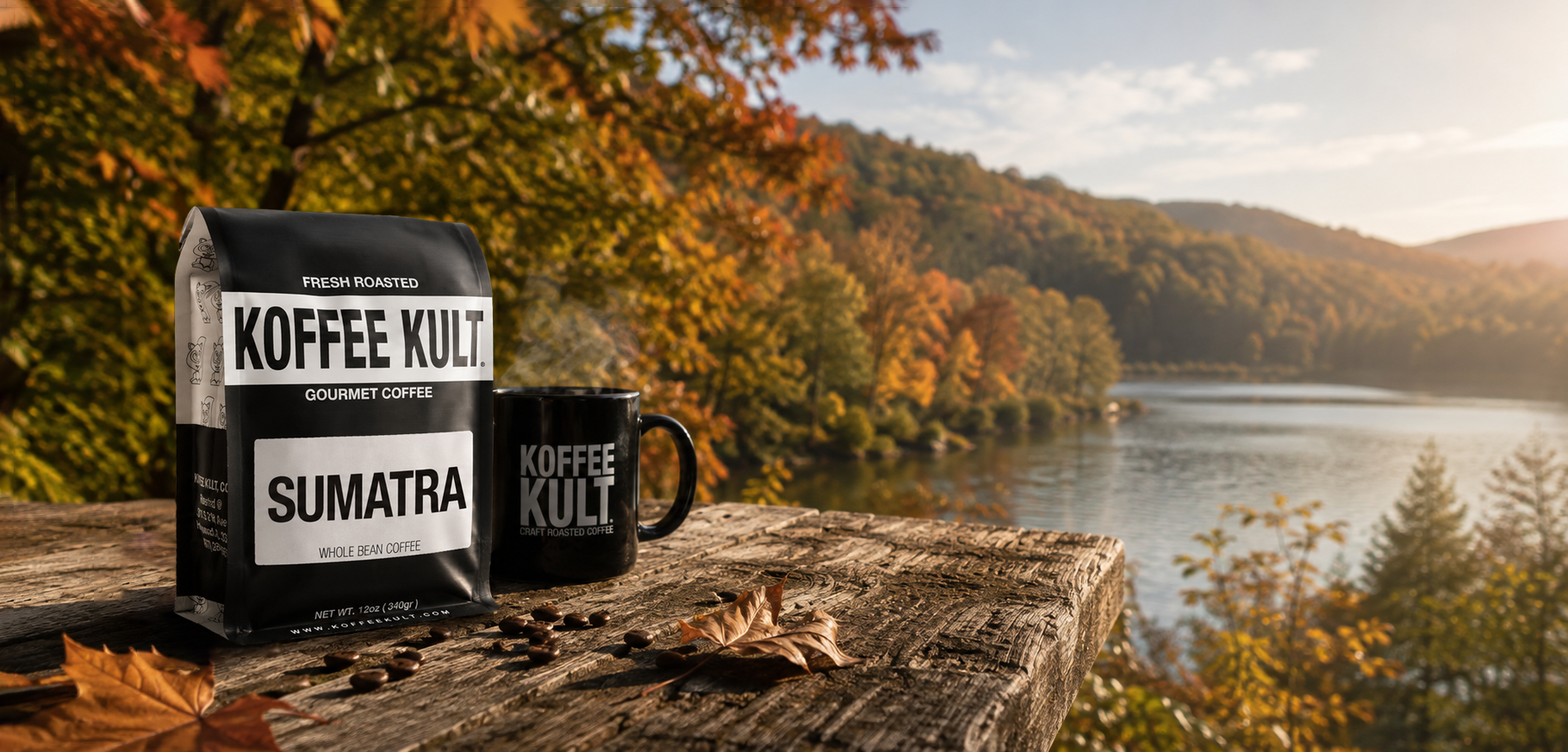 A bag and mug of Koffee Kult Sumatra coffee placed on a rustic wooden ledge with an autumn lakeside forest landscape in the background.