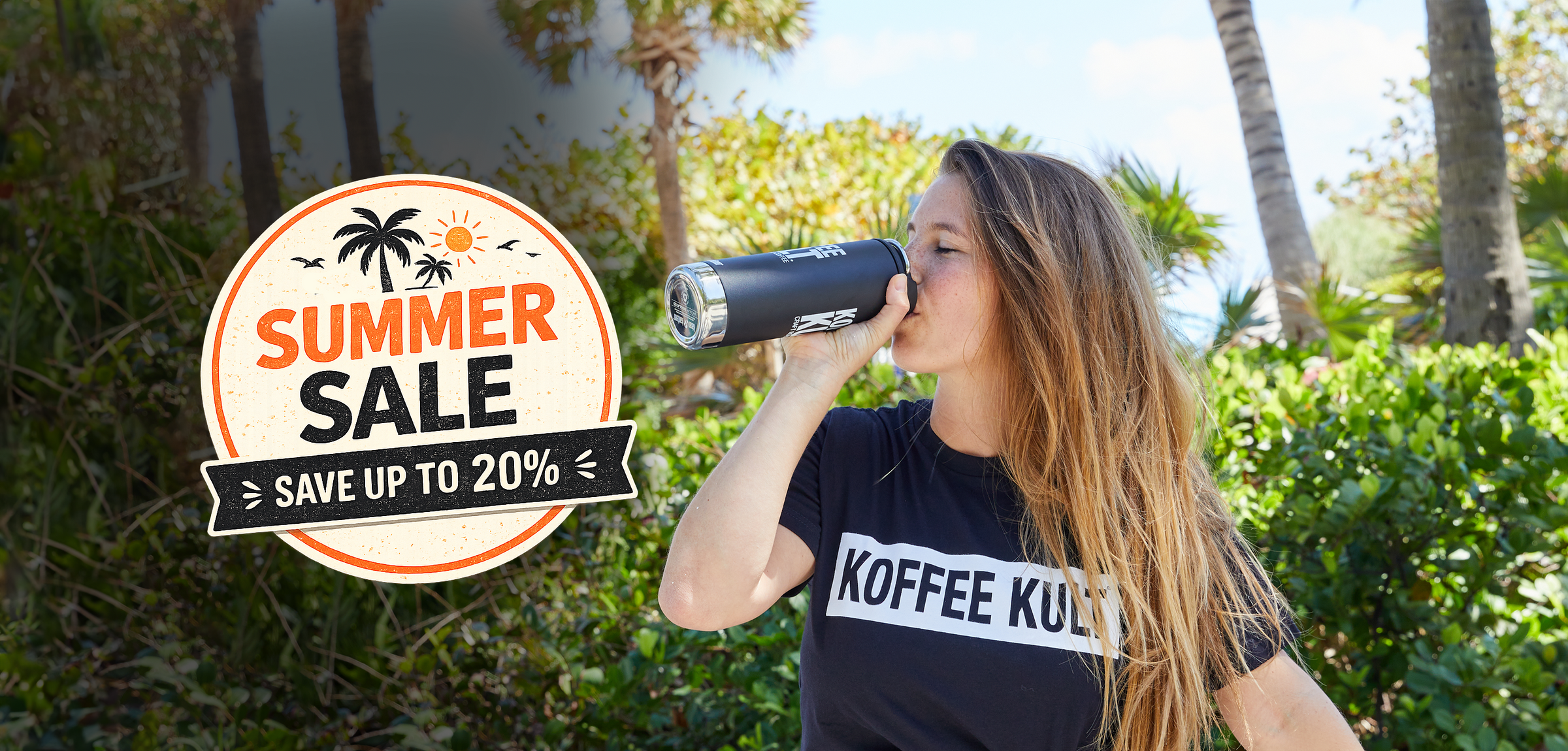 Woman drinking from a insulated bottle with a summer sale promotion in the corner.