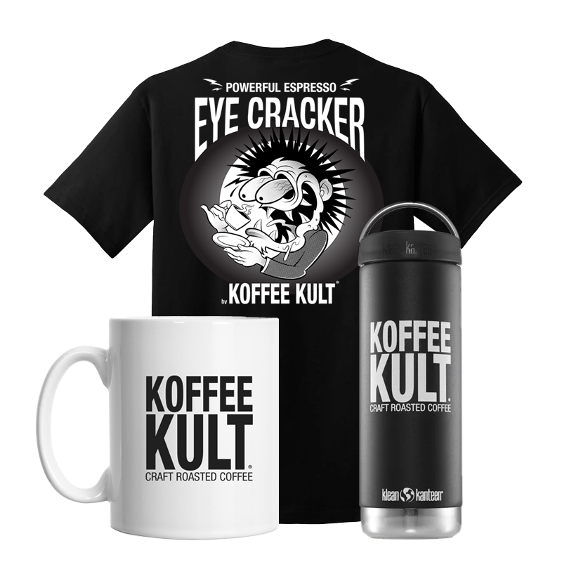 A product bundle featuring a black graphic t-shirt, a white ceramic mug, and a black insulated water bottle, all printed with the 'Koffee Kult' logo and text on a solid white background.