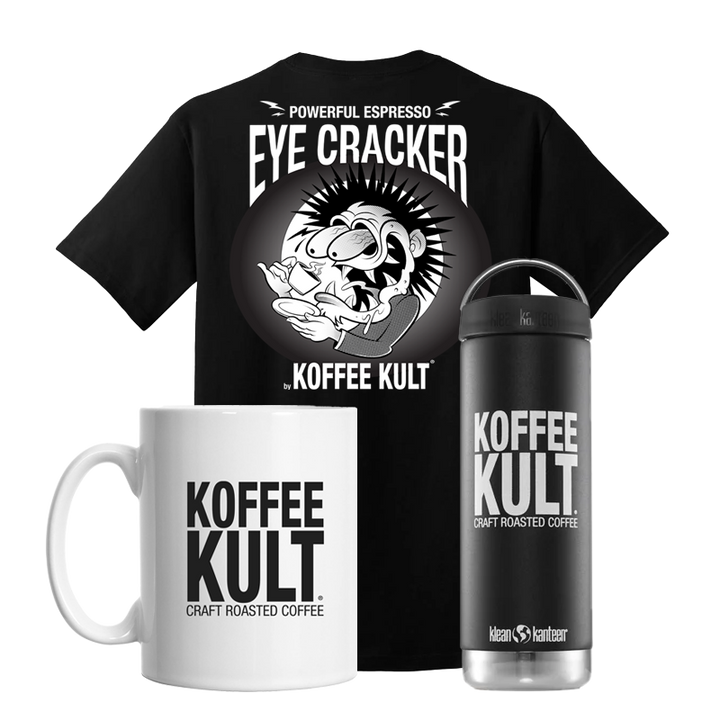 A product bundle featuring a black graphic t-shirt, a white ceramic mug, and a black insulated water bottle, all printed with the 'Koffee Kult' logo and text on a solid white background.
