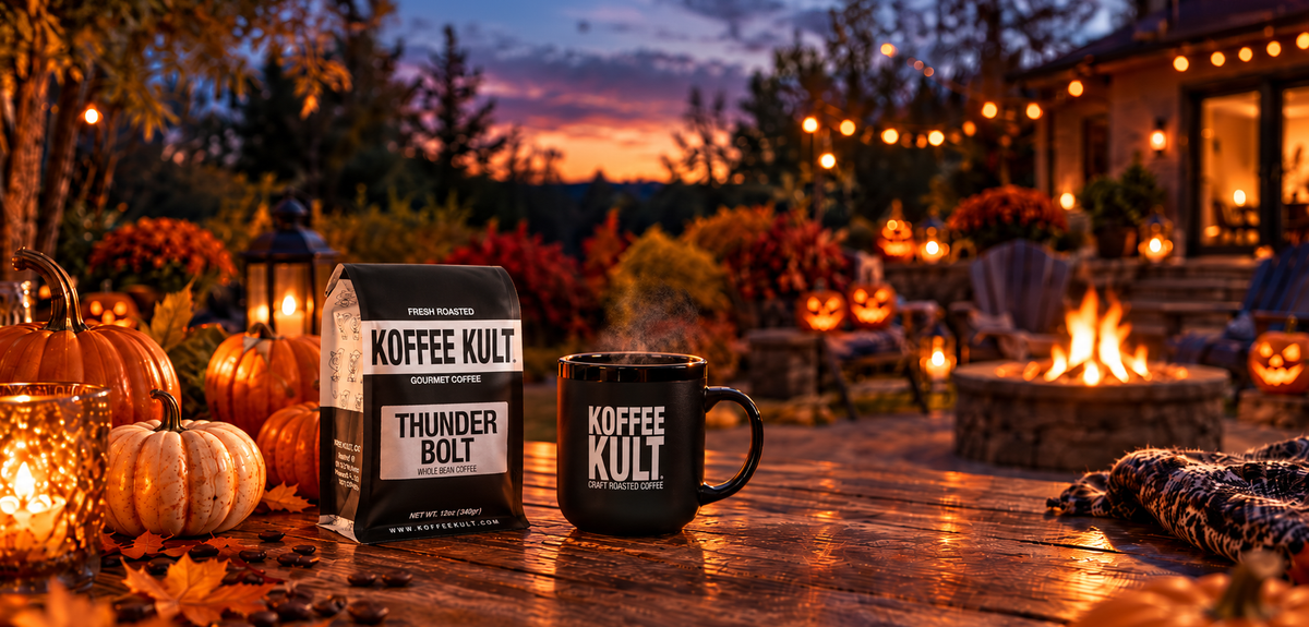 A bag of Koffee Kult Thunder Bolt coffee and a matching black mug with Koffee Kult branding sit on a wooden patio table at dusk, surrounded by pumpkins, string lights, and a fire pit in an outdoor backyard setting.