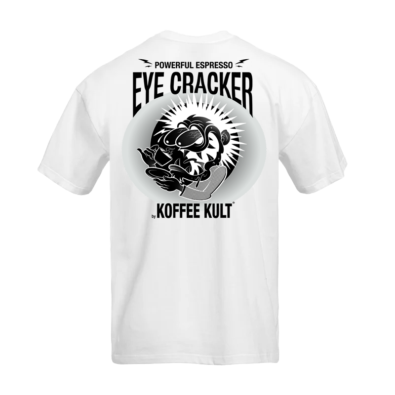 White t-shirt with black coffee-themed graphics and text on a white background