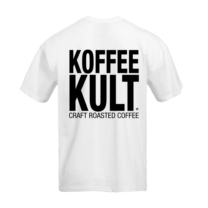White t-shirt with 'Koffee Kult' logo on a white background