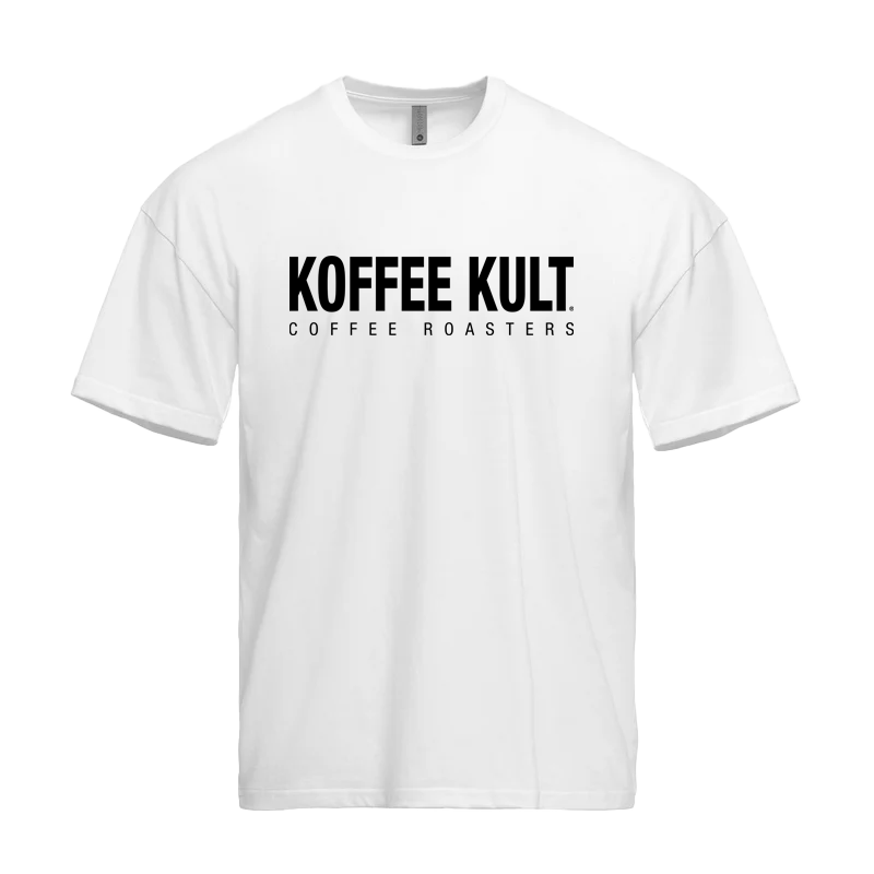 White t-shirt with 'KOFFEE KULT' logo on a white background