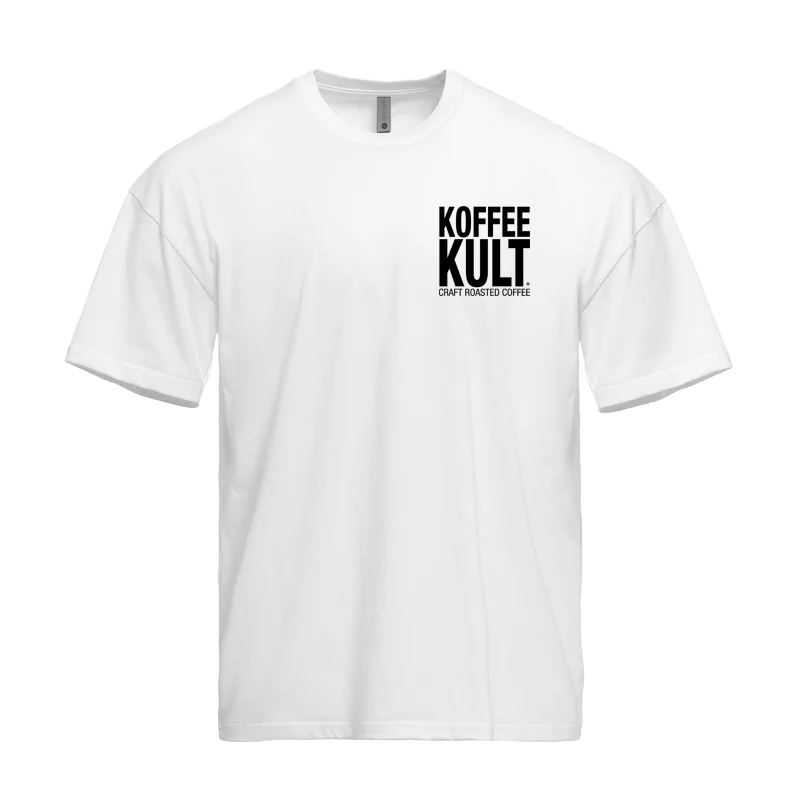 White t-shirt with 'KOFFEE KULT' logo on a white background