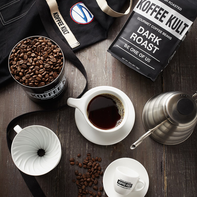 dark roast coffee display on tabe