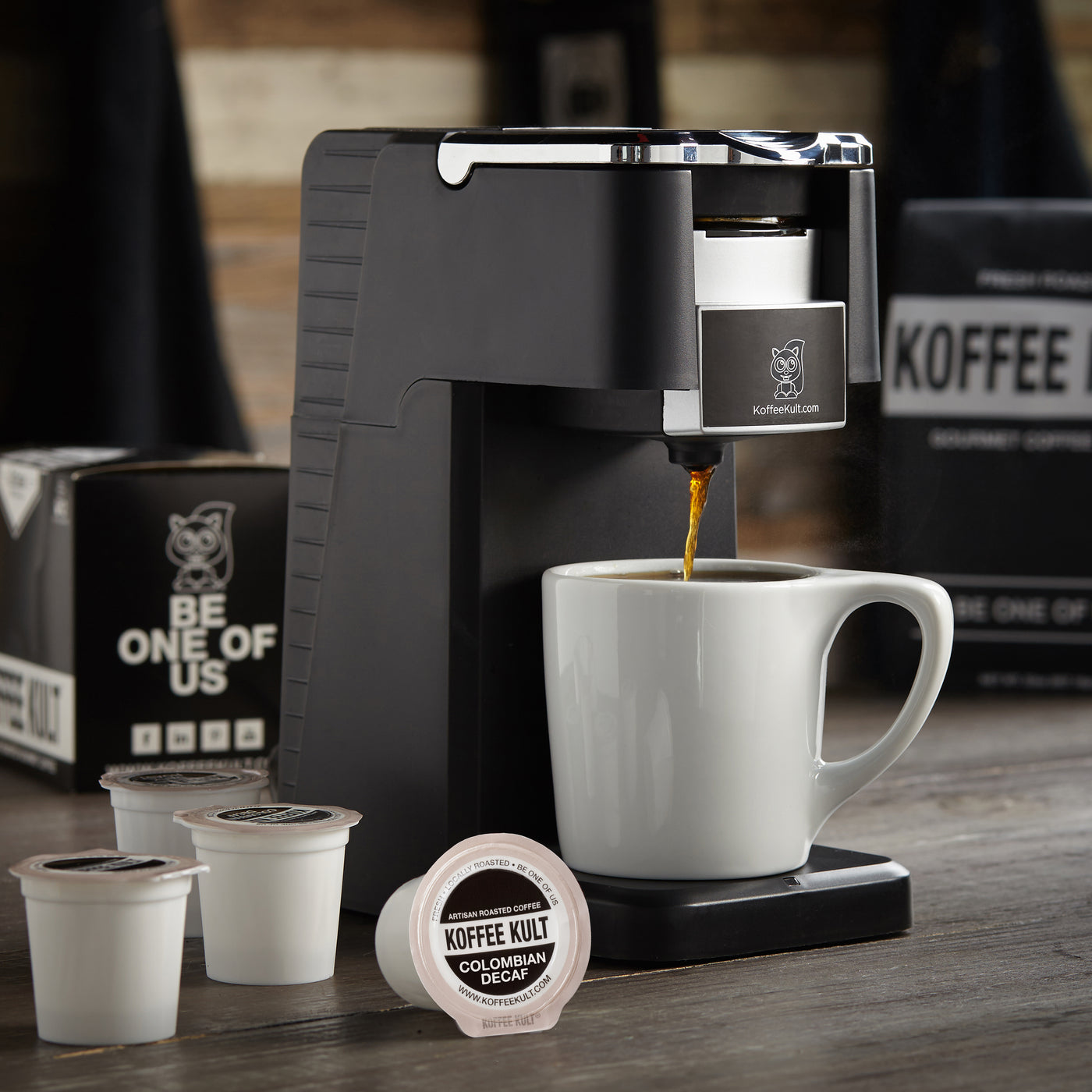 Original Koffee Kult Colombia Decaf coffee in single serve cups